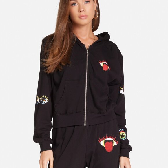 Lauren Moshi Read My Lips Full Zip Up Hoodie Black Red Pockets Women's Size M - Picture 9 of 9